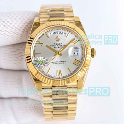 TWB Swiss replica Rolex 2836 Day-Date II Silver Roman dial Gold President Watch 